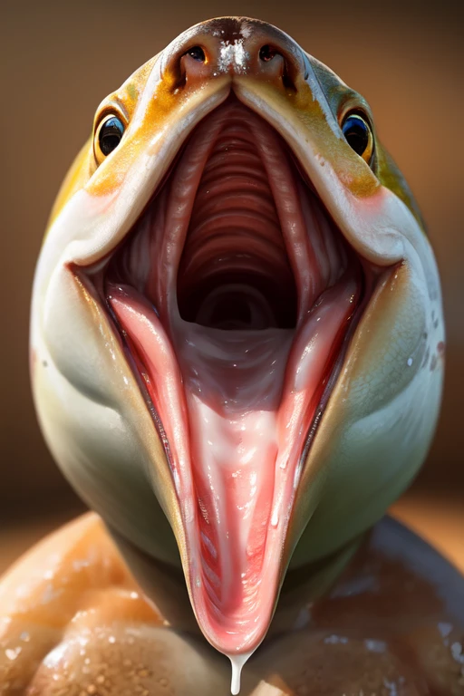 Single Trout fish with no teeth, large wide open mouth with milk inside mouth, surprised face with cute eyes facing the camera close up, photorealistic. Milk inside mouth. Milk dripping out of mouth. Muscles jaw. Defined fish jaw