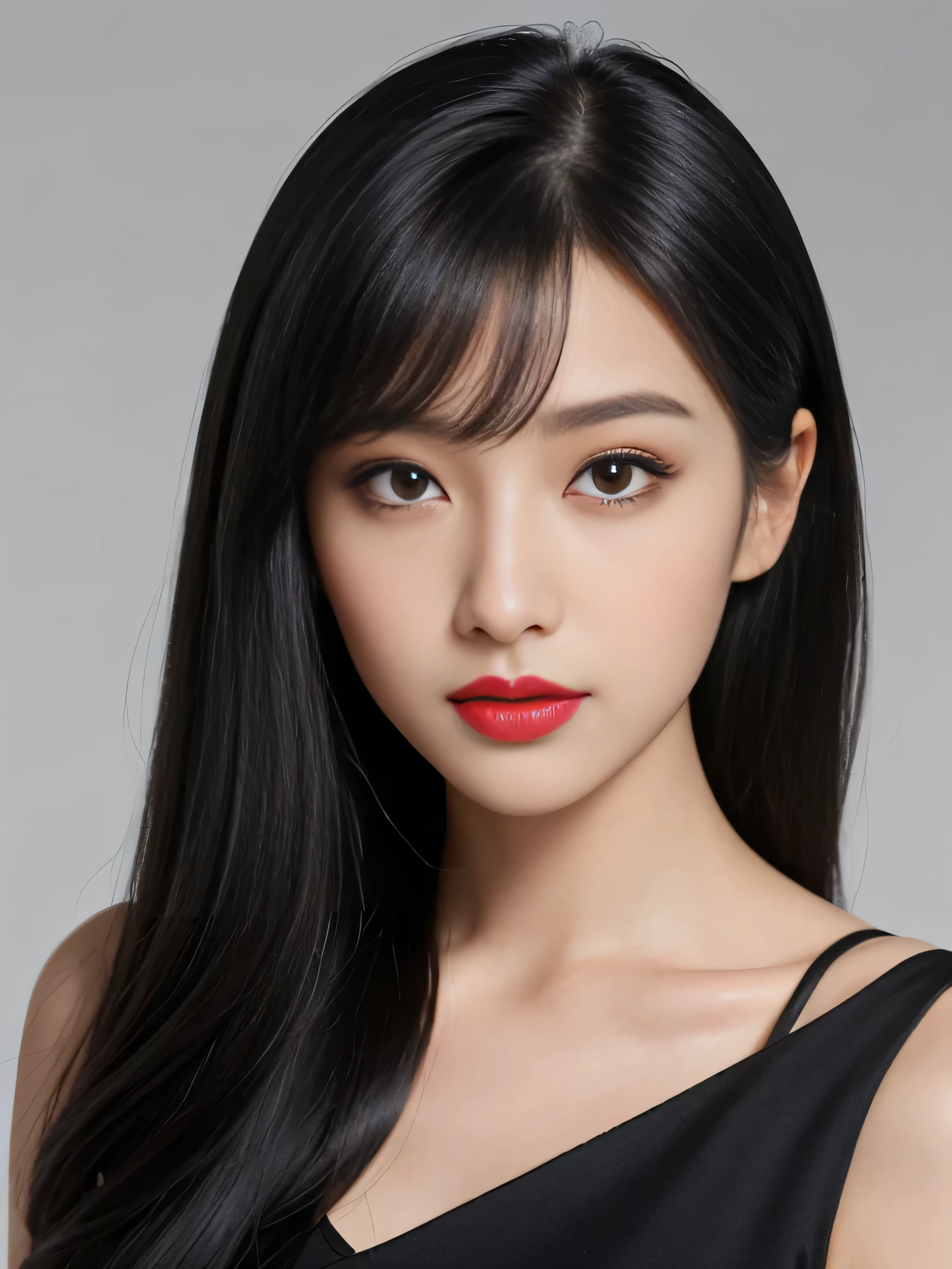 1 female (Close up of her face!!!:1.8)　(She turns to the viewer and laughs so wonderfully!!!!!)　((highest quality))　((masterpiece))　(Familiar)　(Get used to it)　(White wall background!!!!!)　(The most beautiful and sensual 24-year-old cosmetics model in Japan)　(Her bangs are neatly trimmed and worn straight down.:1.5)　(Very shiny and voluminous, Very straight!!!　Very beautiful bob cut with the highest quality and best details　Jet black hair　Her highest quality and most detailed straight bob cut is jet black.　Her beautiful jet black hair is cut in a very straight bob　Her hair is very black!!!　Shiny black hair, black silky hair, detailed 長さ black hair, black straight hair, black hair, 太くShiny black hair, 長さ black hair, Straight black hair, 長さ and free straight black hair, Perfect Silky Straight Hair, Extra Dark Natural Black Hair, very black hair)　(She received a beautiful make-up done by a professional make-up artist....　Exquisite texture:1.4　Bright red lipstick　Beautiful black eyeliner)　(She is wearing a shiny random color silk camisole dress.)　Perfect Woman&#39;face　(She has a typical Japanese build and skin color..., Her skin is very high quality and ultra high definition.、very beautiful and glowing skin)　(Her face is dignified and sexy)（She applied sexy makeup with the help of a professional makeup artist.....　Lipstick is bright red　The eyeliner is a beautiful black)　(She has a typical Japanese build and skin color　Her skin is very delicate and sensitive..、and、Such beautiful and radiant skin)　((Her face shape is thinner than average:1.4))　((Her eyes are larger than average:1.6))　((Her eyes are larger than average:1.6))　((Her eyebrows are very thin:1.8))　((Rich 1.4))　(Extremely detailed 8K)　(Ultra-fine skin texture 1.4)　(Actual, Vibrant:1.4), 　Sharp focus:1.2、Beautiful woman:1.4　Dynamic Lighting　(Genuine RAW photos taken by professional photographers)　very beautiful and glowing skin)　(Surreal photos by professional photographers :1.2)　
