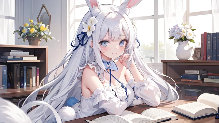 This is a cute girl digital art, 1girl, rabbit ear, flower, long white hair, blue eyes, solo, smile, looking viewer, hair flower, hair ornament, branch, animal, bangs, room, books,