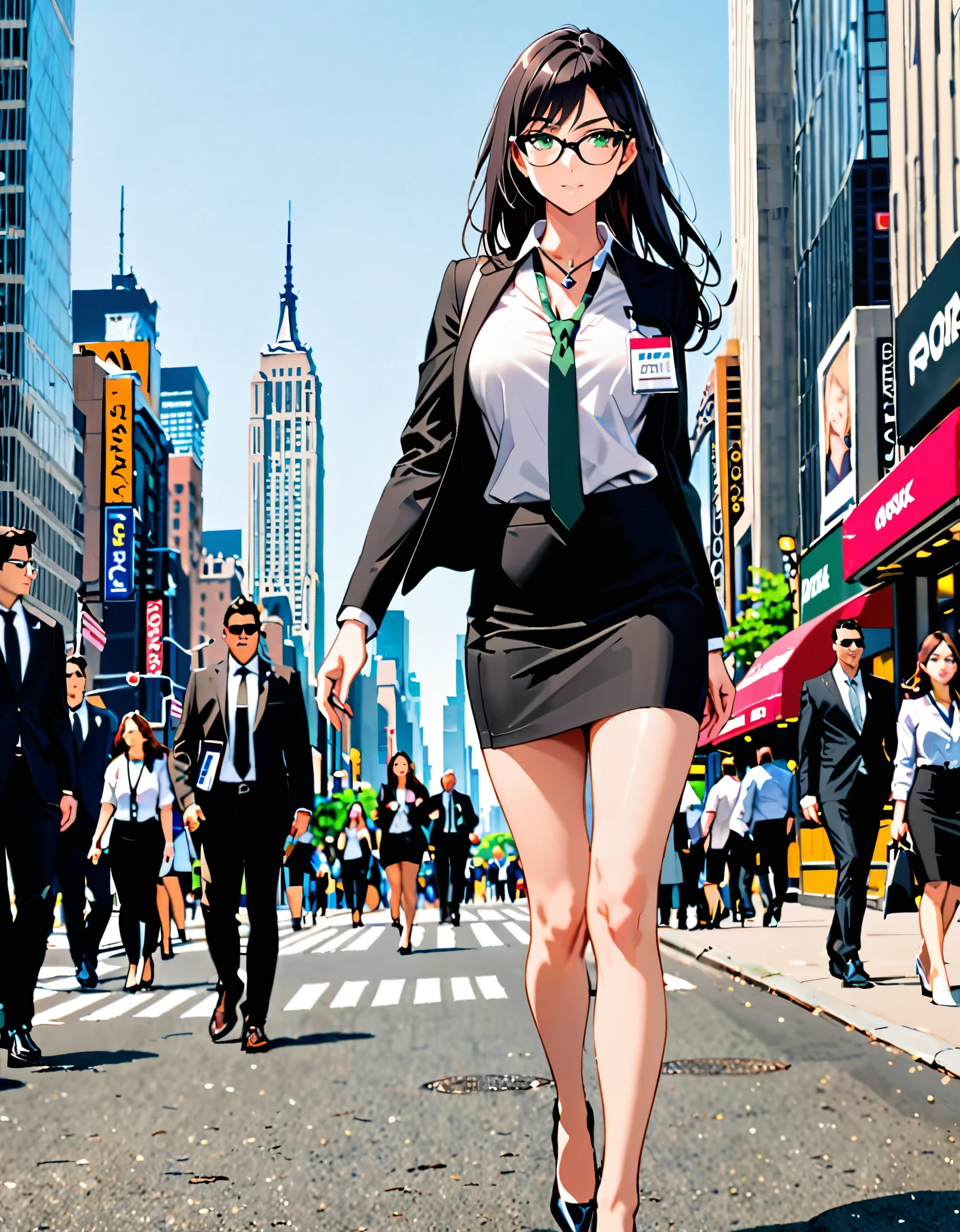 (masterpiece), (best quality), (high res), 1lady, tall body, beautiful detailed eyes, beautiful detailed face, glasses, confident look, perfect hands, complete fingers, perfect anatomy, perfect proportions, ((jet black hair, medium hair, hair down)), ((green eyes)), ((black suit and tie, necktie, reporter's id card necklace)), (white shirt), ((pencil skirt, miniskirt, bare legs)), ((shoes, matching shoes, high heels)), breasts, medium breasts, (full body portrait), looking at viewer, walking, casual, solo, solo focus, cowboy shot, new york backdrop, full body costume design.