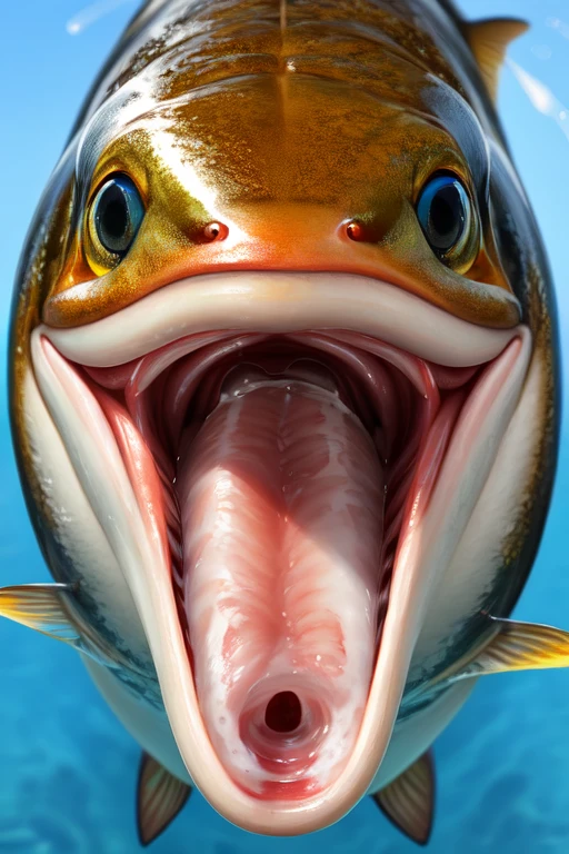 Single Trout fish with no teeth, large wide open mouth with milk inside mouth, surprised face with cute eyes facing the camera close up, photorealistic. Milk inside mouth. Milk dripping out of mouth. Muscles jaw. Defined fish jaw