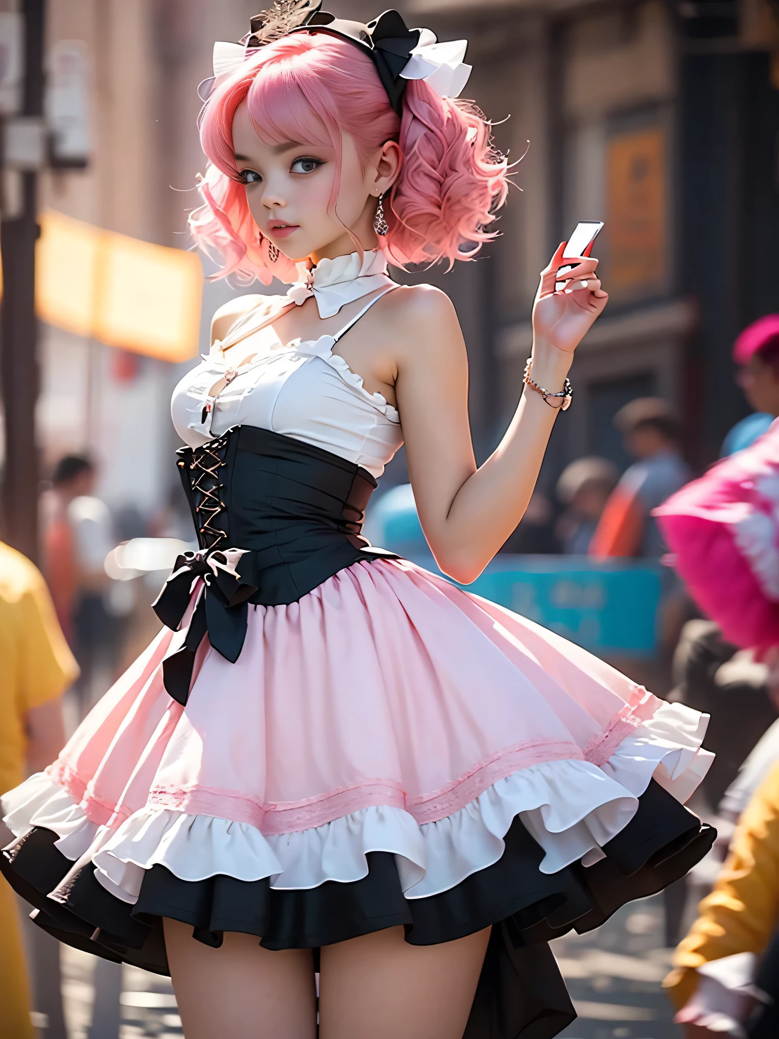 Cute super delicate girl in a lolita dress with pink hair. Calidad de imagen ultraalta de 8K, textura delicada, fondo blanco puro.