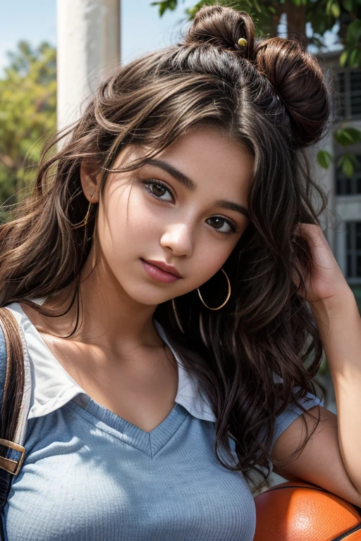 Outdoor image of 20yo in school school photo in school masterpiece, (photorealistic:1.7), best quality, beautiful lighting, Eleanor Venezuelan girl dark lipstick 13yo Old big Breasts Plus random colour beautiful eyes extremely high Bun long extreme curly hair Lifts wearing salvar, with a basketball