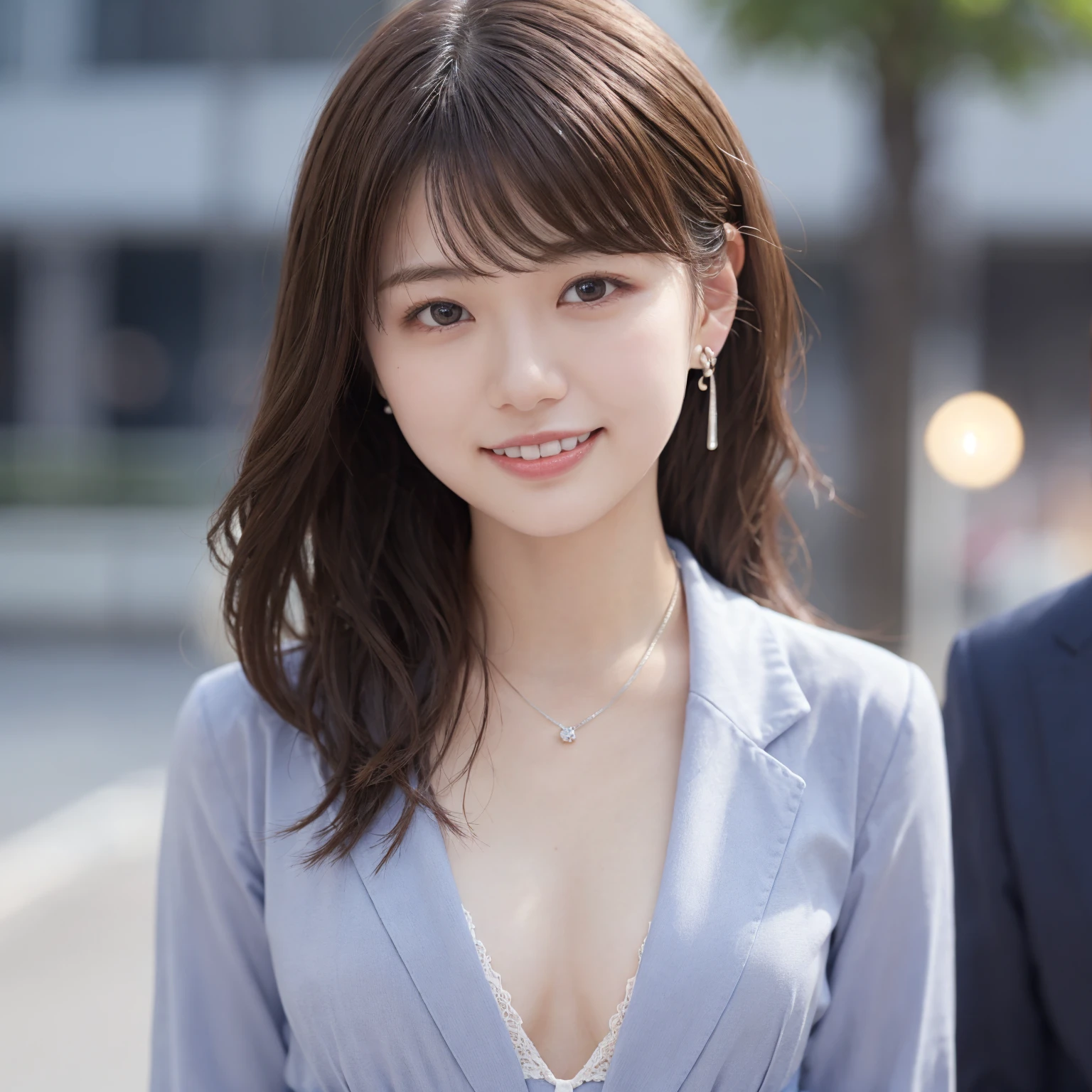 1 girl, Tie your hair、office lady、On the way to work、Shibuya Snaps, Tokyo、(Wear a classy dark blue suit、White shirt underneath、Photo from the waist up、Small silver earrings、Small silver necklace:1.2), (RAW Photos, highest qualそれy), (Realistic, Realistic:1.4), Tabletop, Very delicate and beautiful, Very detailed, 2k wallpaper, wonderful, finely, Very detailed CG Unそれy 8K 壁紙, Very detailed, High resolution, Soft Light, Beautiful detailed girl, Very detailed目と顔, Beautiful and sophisticated nose, finelyて美しい目, Cinema Lighting, Perfect Anatomy, Slender body, Was nervous,
Straight semi-long hair, bangs, Looking at the audience, smile.Medium chest.