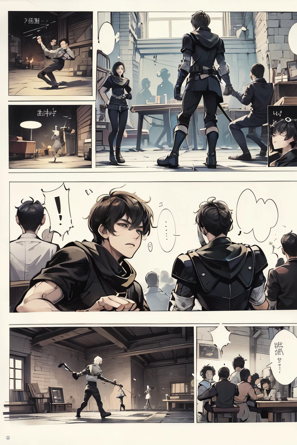 comics，Cartoon（4、5 or 6 tiles），Storyboard，masterpiece, 。a young boy，JK，Stand up and fight。He tried to stop it in every way，But all failed。 Enhance details