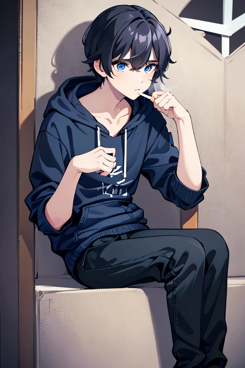 A handsome dark haired boy with dark blue eyes and messy side swept hair with dark blue hues underneath,has marks underneath his eyes like cracks or lighting, smoking,wears a black and dark blue hoodie with black and dark blue headphones hanging on his neck,has a black tail that looks like a charger