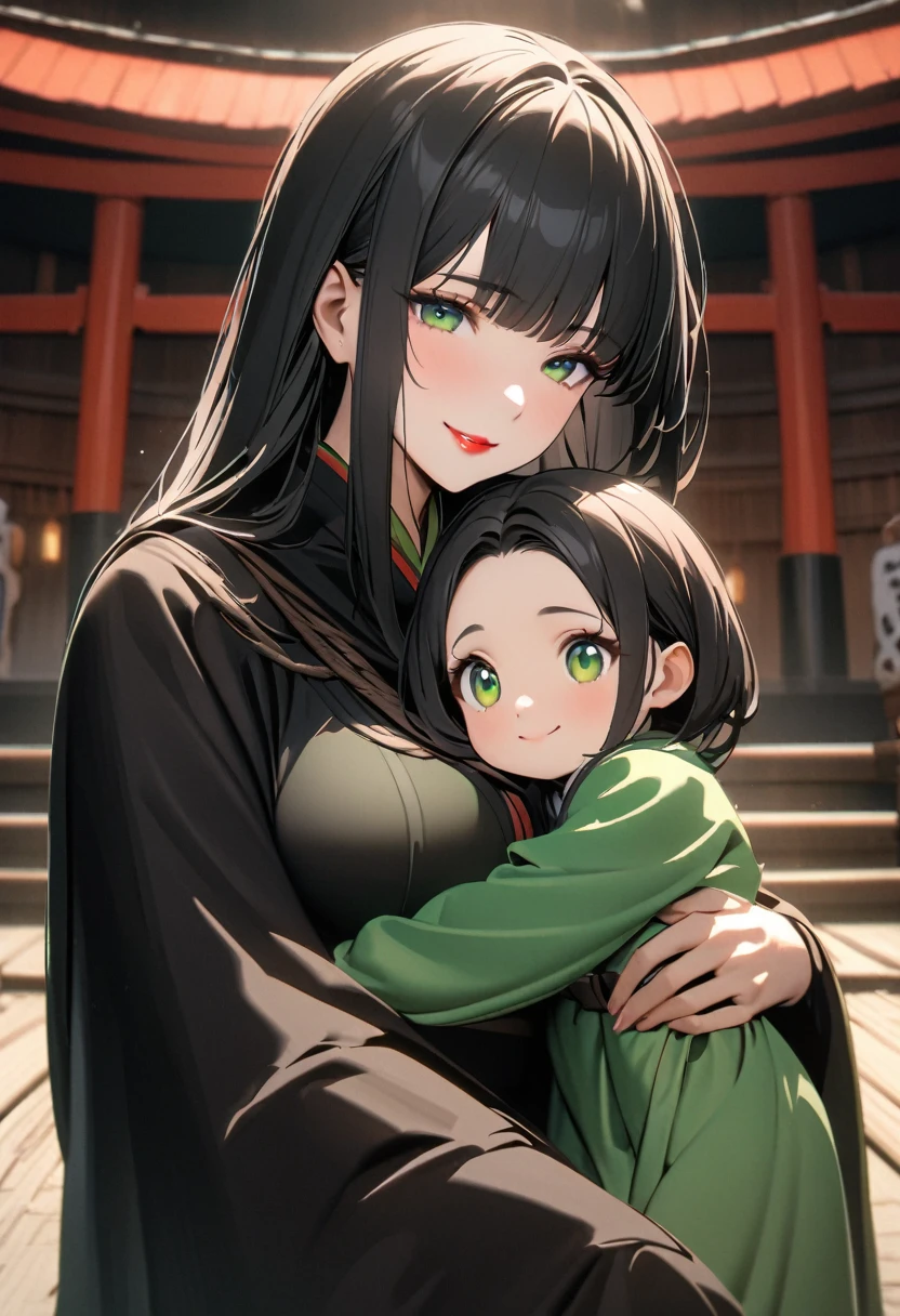 woman, perfect anatomic draw, perfect eyes, long black hair, beautiful eyes, straight bangs down, green eyes, beautiful woman, green dress, black cape, in the shrine, red lips, cute smile, with your little daugher in arms, 8k, high quality, full HD.
