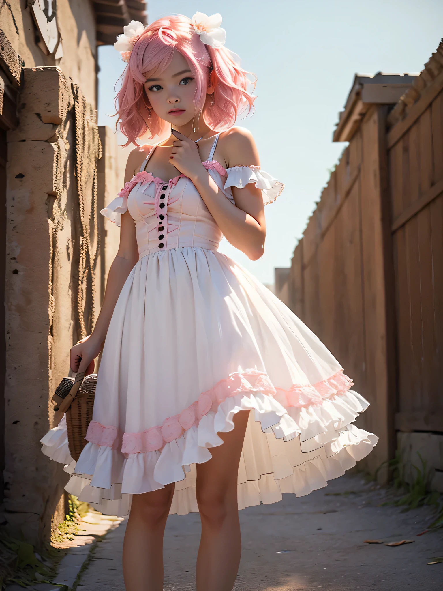 Cute super delicate girl in a lolita dress with pink hair. Calidad de imagen ultraalta de 8K, textura delicada, fondo blanco puro.