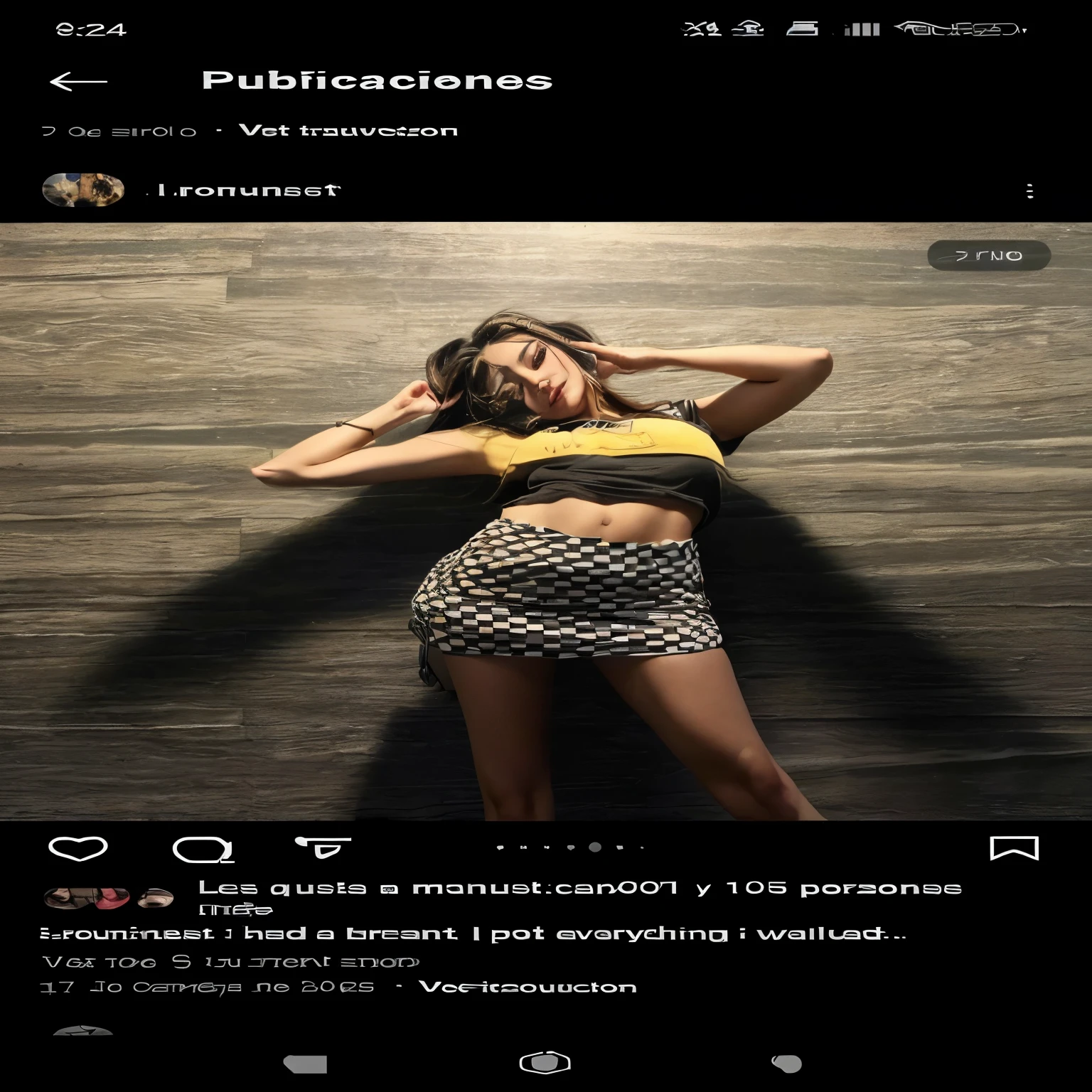 un primer plano de una mujer con un top negro y una falda, vistiendo top corto y minifalda, imagen de perfil, en un piso a cuadros, foto de perfil, pose distorsionada, foto de perfil, pose casual, mini falda, mujer posando, pose sexy, vistiendo una camiseta sin mangas y una falda, con una pose genial, pose lateral, modelo posando