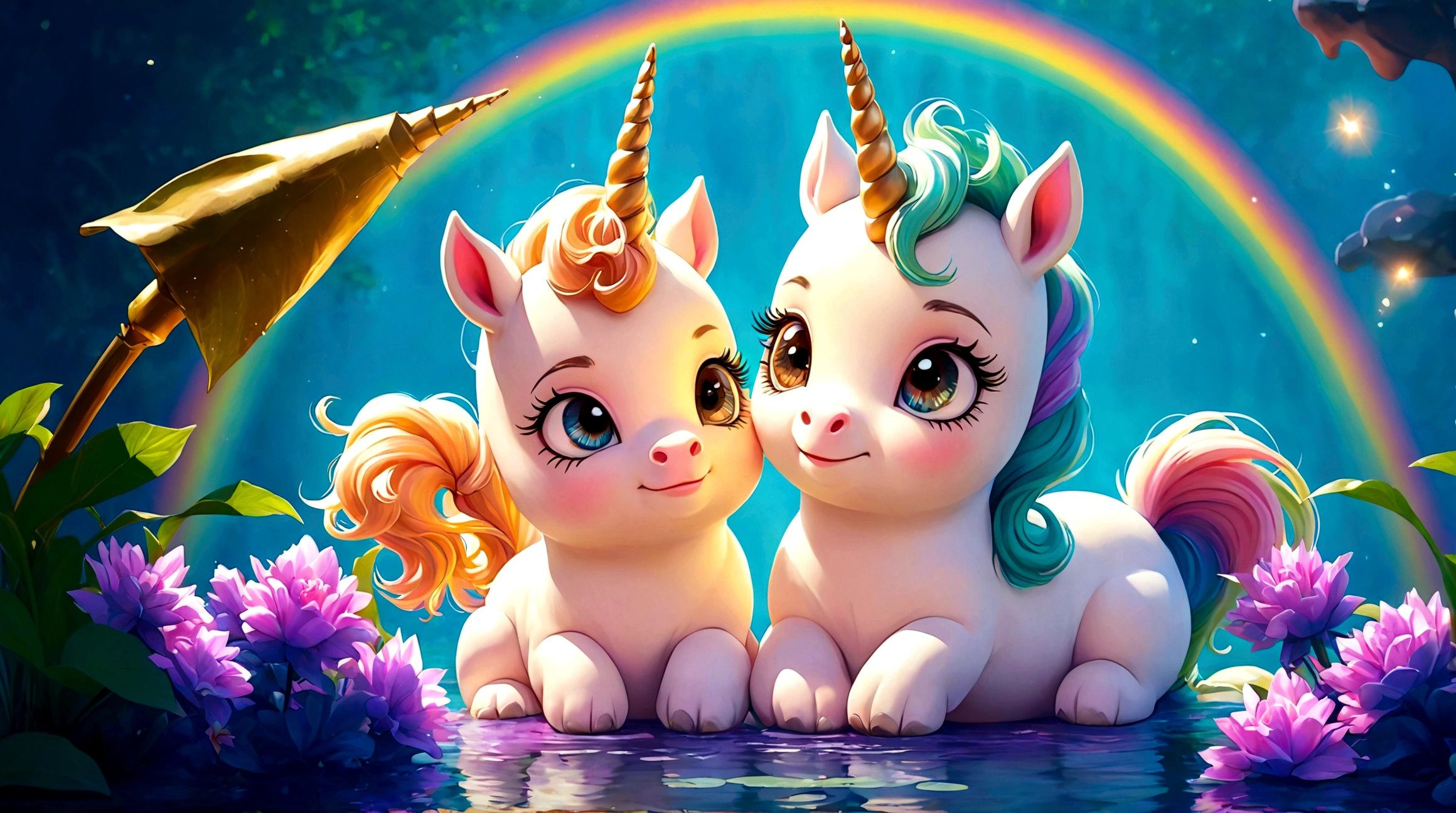 two cute unicorn cubs at the edge of a pond