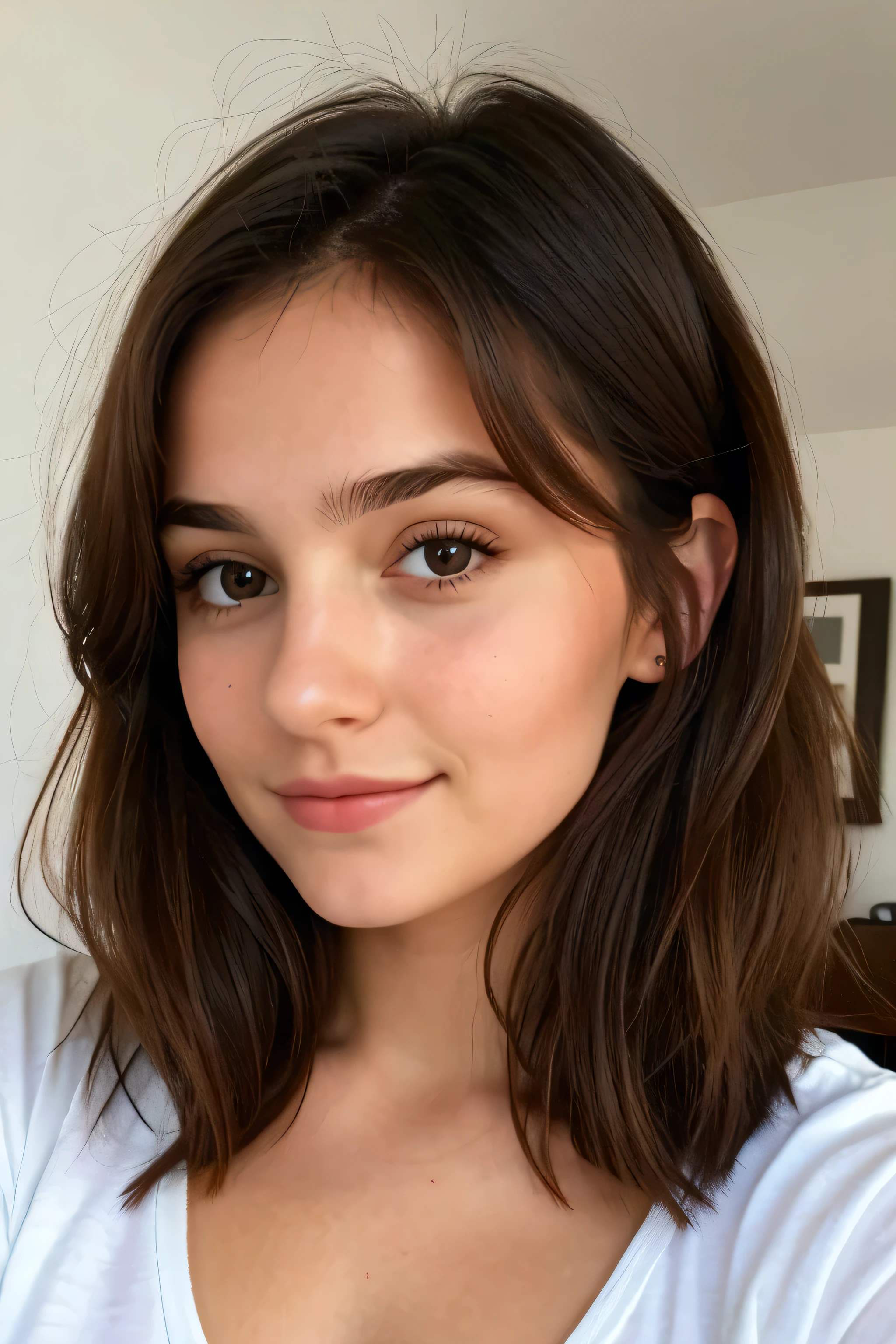 Créer moi une fille brune de 18 ans qui fais jeune, I want it to be super realistic and look beautiful , parfaite avec une têtes mignon. il faut qu'elle me regarde de face comme si je lui parlait en face a face