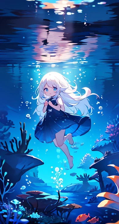 (Peace Fly), (highest quality), Very detailed, 1 girl, Personal full-body photo, Perfect Face, beautiful girl, Very detailed顔,(Long white hair:1.5),(blue eyes:1.4),(Flowing Hair:1.4),(Underwater:1.4),sink,school fishy,Light,jellyfish,Seaweed,Redfish,fishy,deep sea,Fantasy