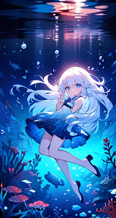 (Peace Fly), (highest quality), Very detailed, 1 girl, Personal full-body photo, Perfect Face, beautiful girl, Very detailed顔,(Long white hair:1.5),(blue eyes:1.4),(Flowing Hair:1.4),(Underwater:1.4),sink,school fishy,Light,jellyfish,Seaweed,Redfish,fishy,deep sea,Fantasy