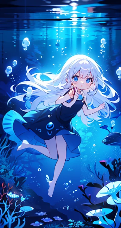 (Peace Fly), (highest quality), Very detailed, 1 girl, Personal full-body photo, Perfect Face, beautiful girl, Very detailed顔，(Long white hair:1.5)，(blue eyes:1.4)，(Flowing Hair:1.4)，(Underwater:1.4)，sink，school fishy，Light，jellyfish，Seaweed，Redfish，fishy，deep sea，Fantasy