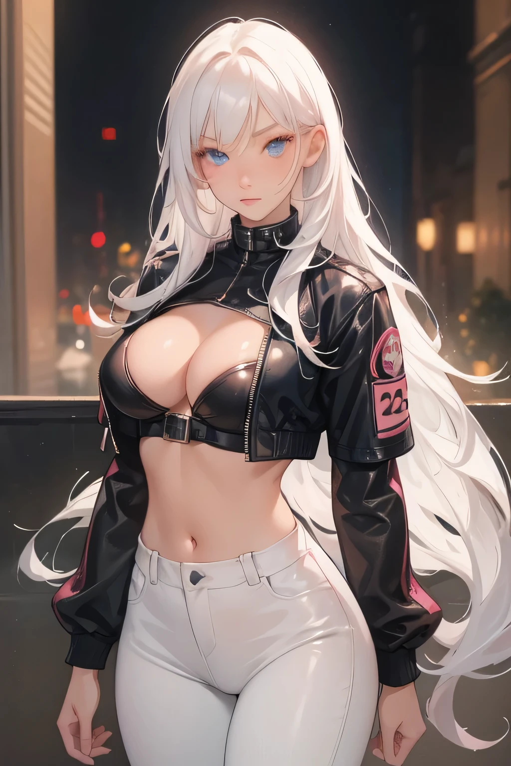 Teenager around 18 years old, beautiful eyes, perfect face, long white hair, blue eyes, skintight leather pants, sexy, training, black top, blue jacket, pink lips, sexy body