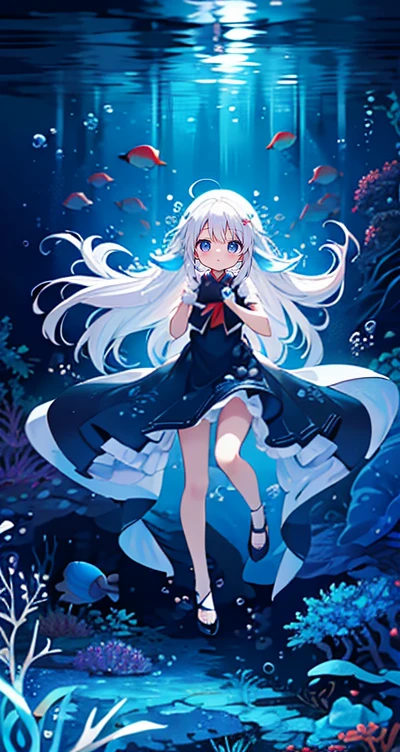 (Peace Fly), (highest quality), Very detailed, 1 girl, Personal full-body photo, Perfect Face, beautiful girl, Very detailed顔,(Long white hair:1.5),(blue eyes:1.4),(Flowing Hair:1.4),(Underwater:1.4),sink,school fishy,Light,jellyfish,Seaweed,Redfish,fishy,deep sea,Fantasy
