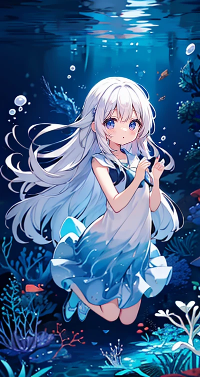 (Peace Fly), (highest quality), Very detailed, 1 girl, Personal full-body photo, Perfect Face, beautiful girl, Very detailed顔,(Long white hair:1.5),(blue eyes:1.4),(Flowing Hair:1.4),(Underwater:1.4),sink,school fishy,Light,jellyfish,Seaweed,Redfish,fishy,deep sea,Fantasy