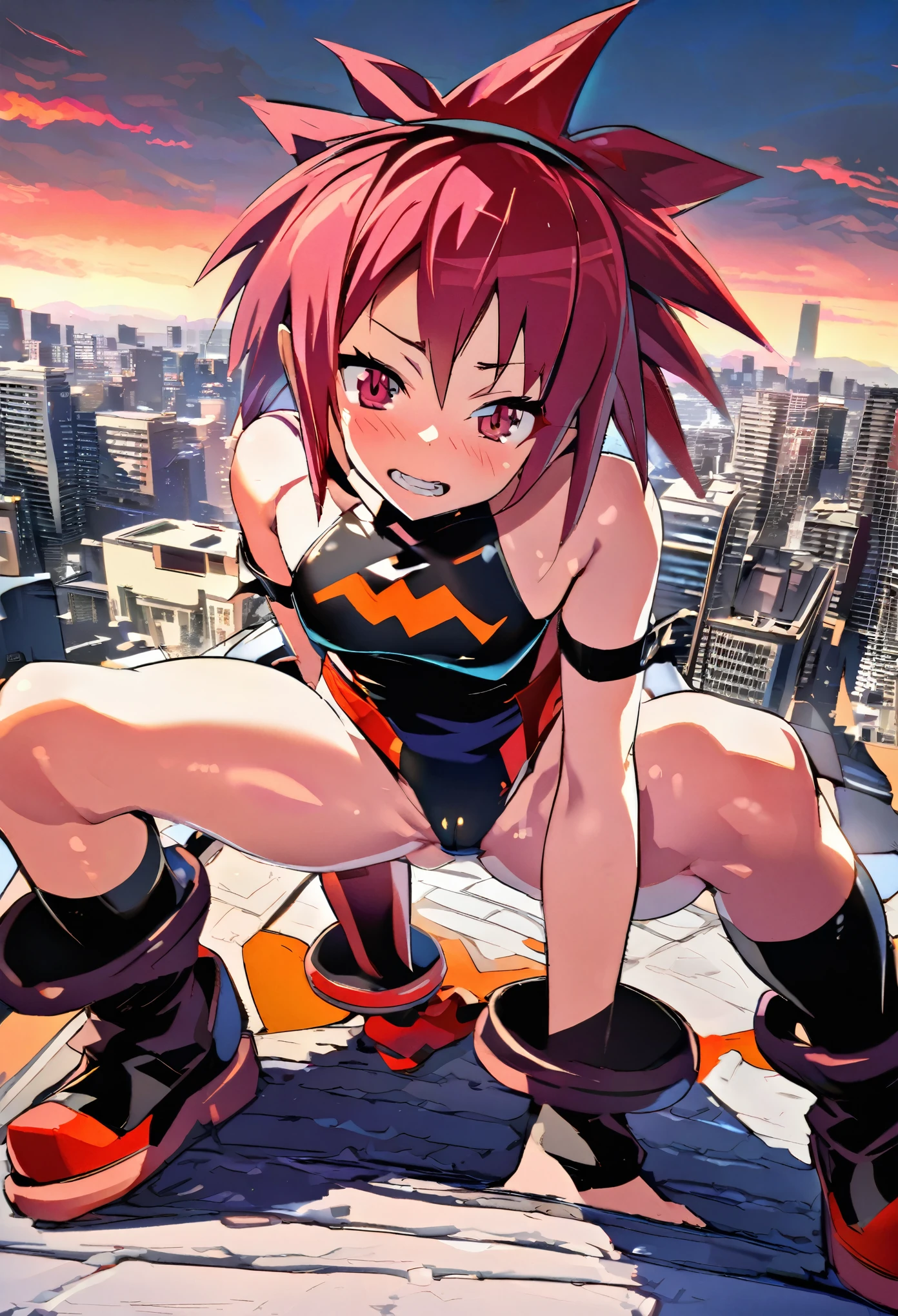 Etna, female, young, leotard, crouch, spread legs, on the roof, big city on the background