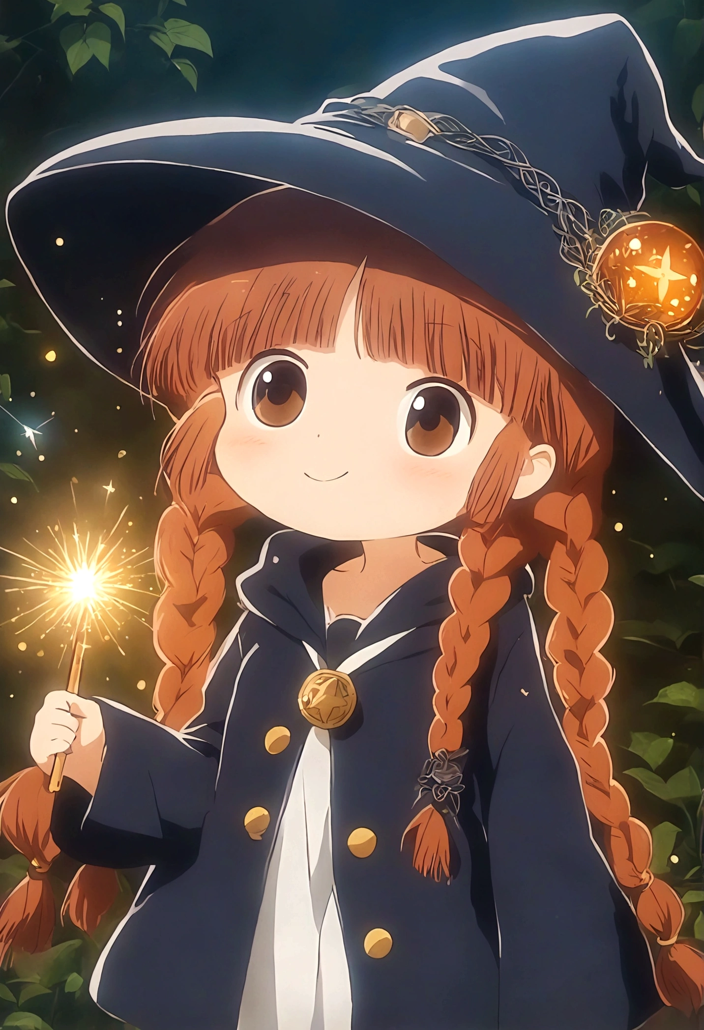 Brown double braids、, Cute anime style Hagrid, a young witch, Anime cute art style, Marisa Kirisame, Witch Girl, Anime Characters, as an Anime Characters, Possess magical powers, young wizard, A different world, Holding a magic wand（8K）（HD）（（best quality））， （（Intricate details））， （（Surrealism））