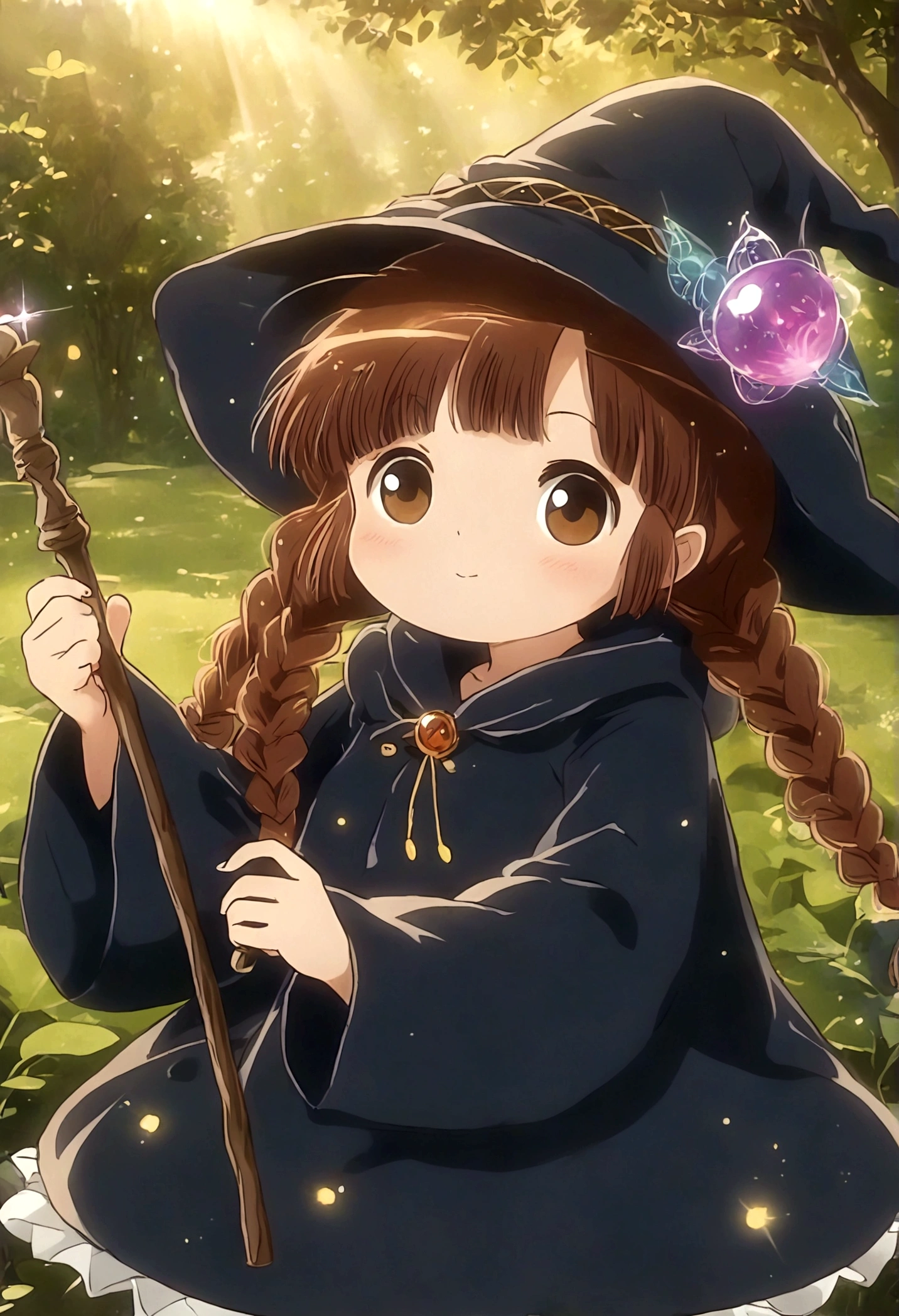 Brown double braids、, Cute anime style Hagrid, a young witch, Anime cute art style, Marisa Kirisame, Witch Girl, Anime Characters, as an Anime Characters, Possess magical powers, young wizard, A different world, Holding a magic wand（8K）（HD）（（best quality））， （（Intricate details））， （（Surrealism））