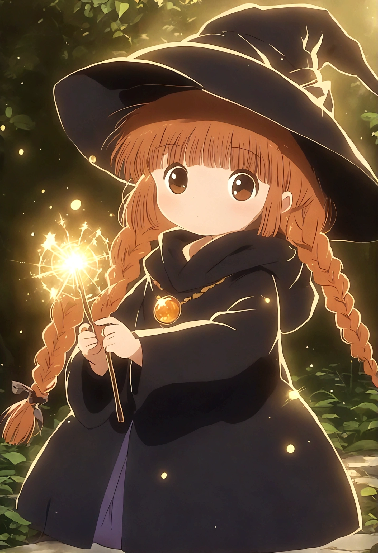 Brown double braids、, Cute anime style Hagrid, a young witch, Anime cute art style, Marisa Kirisame, Witch Girl, Anime Characters, as an Anime Characters, Possess magical powers, young wizard, A different world, Holding a magic wand（8K）（HD）（（best quality））， （（Intricate details））， （（Surrealism））