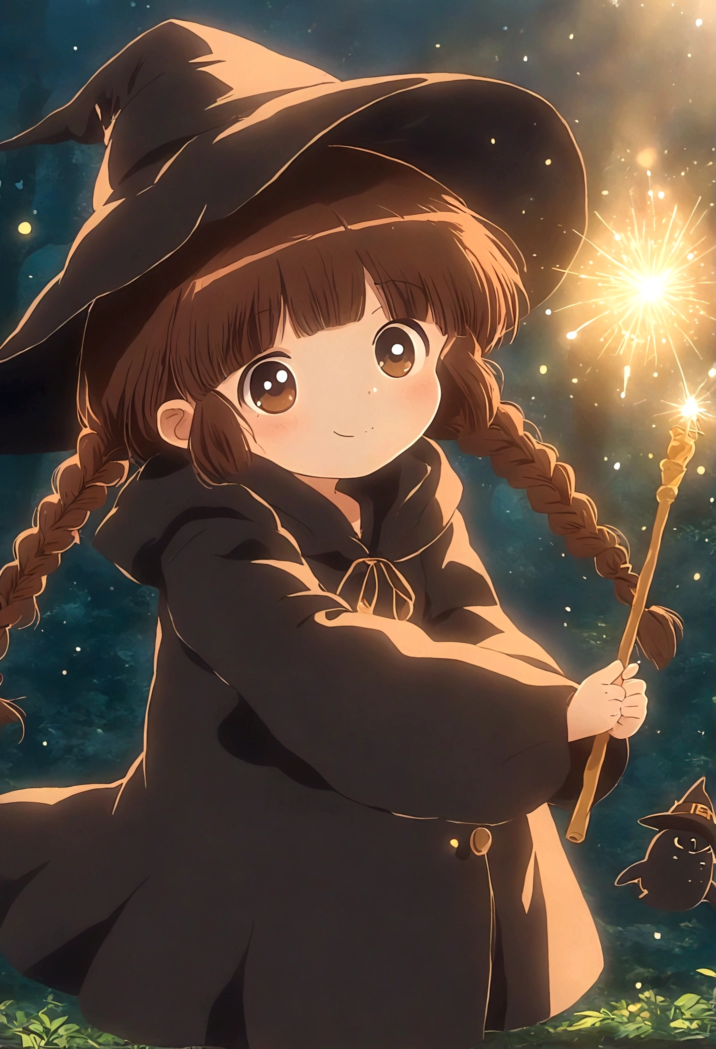 Brown double braids、, Cute anime style Hagrid, a young witch, Anime cute art style, Marisa Kirisame, Witch Girl, Anime Characters, as an Anime Characters, Possess magical powers, young wizard, A different world, Holding a magic wand（8K）（HD）（（best quality））， （（Intricate details））， （（Surrealism））