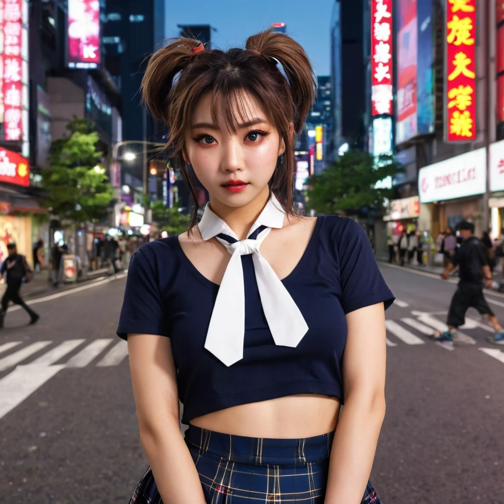 (8k, RAW photo, masterpiece:1.3), (realistic, photo-realistic:1.37), (night), (looking at viewer:1.331), (bloody hair), posing, Tokyo street, nightcityscape, cyberpunk city, soft light, topless girl, extremely beautiful face, bust, put down hands, Random hairstyle, Random expression, big eyes, lower abdomen, (short-sleeved .JK_shirt), JK_style, (dark blue short JK_skirt), (bow JK_tie), mix4., best quality