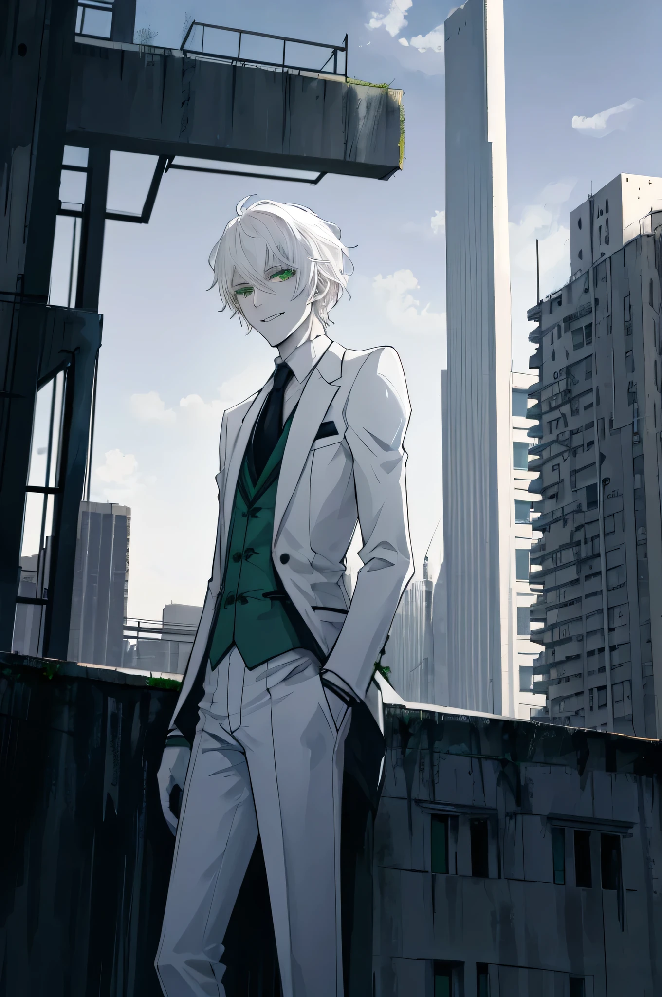 city Background,Solo Male, White hair, Green Eyes White Suit, White pants, pale skin, Evil smile, slim,From Side,ruin city background,Standing on the roof of a building,