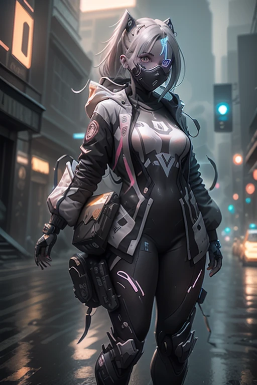 3D impressionist illustration, The face is dense(((must))), One Russian girl in her early 20s with ash grey hair, Fully equipped with cyberpunk style protectors, Generated with full body, The outlines of your body and equipment will shine brightly in seven colors, like neon lights., A sense of speed(((must))), The background is the ruins of a building in ruins.,