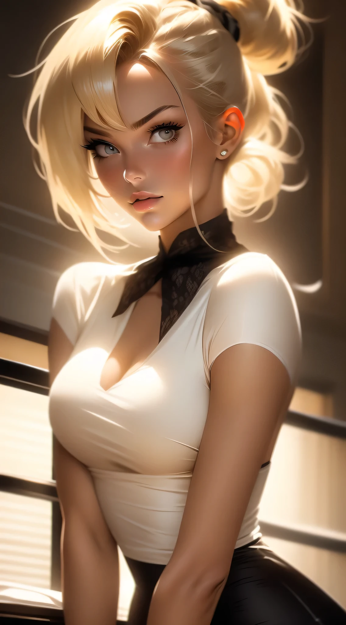 Beautiful 20yr old girl, blonde hair in messy high bun, bangs. detailed, toned body, femme fatale, Noir et blanc, looking at viewer, A-line dress, secretary, stockings