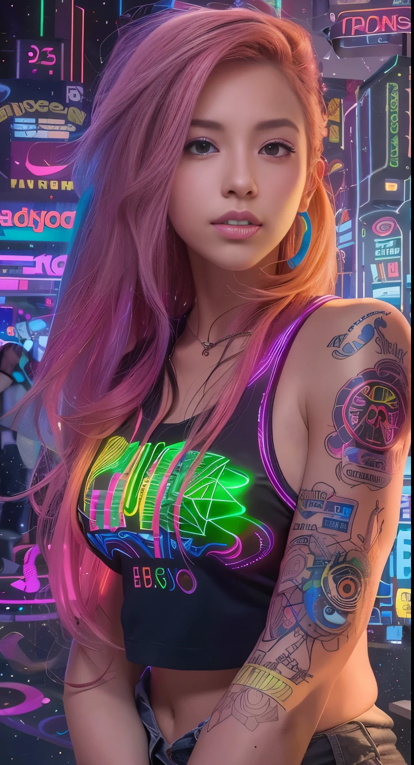 Arafed woman with long rainbow hair and a neon cyberpunk tank top, retrato, Ela tem um rosto bonito, Imagens da Webcam, clivagem, peituda, sexy look at the camera, Fotografado na webcam, 4 8 0 p, 480p, Seu peito, she's facing the camera, gorgeous female, fundo do clube de discoteca, RGB, LED Rave Lighting