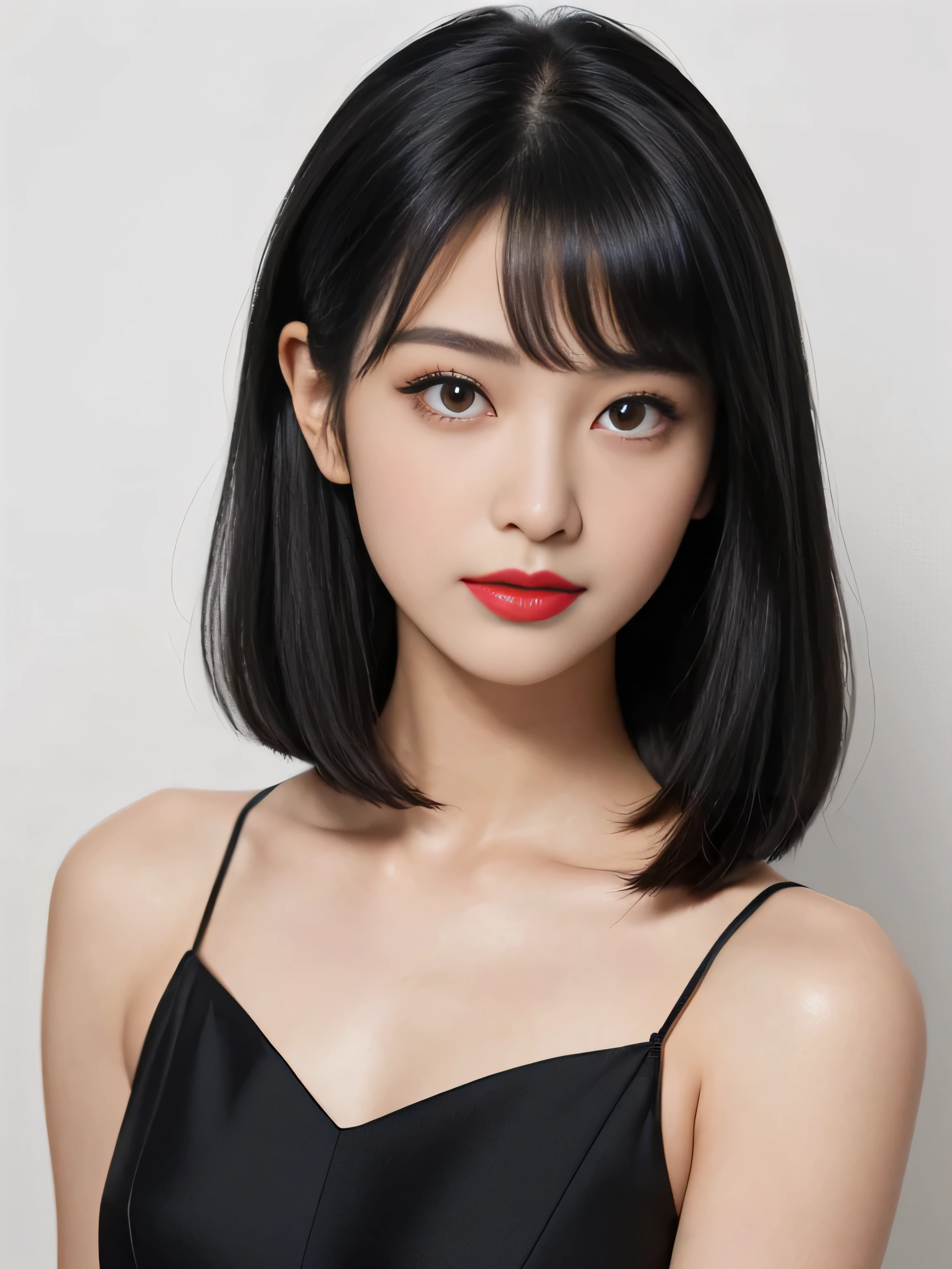 1 female (Close up of her face!!!:1.8) (She turns to the viewer and laughs so wonderfully!!!!!) ((highest quality)) ((masterpiece)) (Familiar) (Get used to it) (White wall background!!!!!) (The most beautiful and sensual 24-year-old cosmetics model in Japan) (Her bangs are neatly trimmed and worn straight down.:1.5) (Very shiny and voluminous, Very straight!!! Very beautiful bob cut with the highest quality and best details Jet black hair Her highest quality and most detailed straight bob cut is jet black. Her beautiful jet black hair is cut in a very straight bob Her hair is very black!!! Shiny black hair, black silky hair, detailed 長さ black hair, black straight hair, black hair, 太くShiny black hair, 長さ black hair, Straight black hair, 長さ and free straight black hair, Perfect Silky Straight Hair, Extra Dark Natural Black Hair, very black hair) (She received a beautiful make-up done by a professional make-up artist.... Exquisite texture:1.4 Bright red lipstick Beautiful black eyeliner) (She is wearing a shiny random color silk camisole dress.) Perfect Woman'face (She has a typical Japanese build and skin color..., Her skin is very high quality and ultra high definition.、very beautiful and glowing skin) (Her face is dignified and sexy)(She applied sexy makeup with the help of a professional makeup artist..... Lipstick is bright red The eyeliner is a beautiful black) (She has a typical Japanese build and skin color Her skin is very delicate and sensitive..、and、Such beautiful and radiant skin) ((Her face shape is thinner than average:1.4)) ((Her eyes are larger than average:1.6)) ((Her eyes are larger than average:1.6)) ((Her eyebrows are very thin:1.8)) ((Rich 1.4)) (Extremely detailed 8K) (Ultra-fine skin texture 1.4) (Actual, Vibrant:1.4), Sharp focus:1.2、Beautiful woman:1.4 Dynamic Lighting (Genuine RAW photos taken by professional photographers) very beautiful and glowing skin) (Surreal photos by professional photographers :1.2)