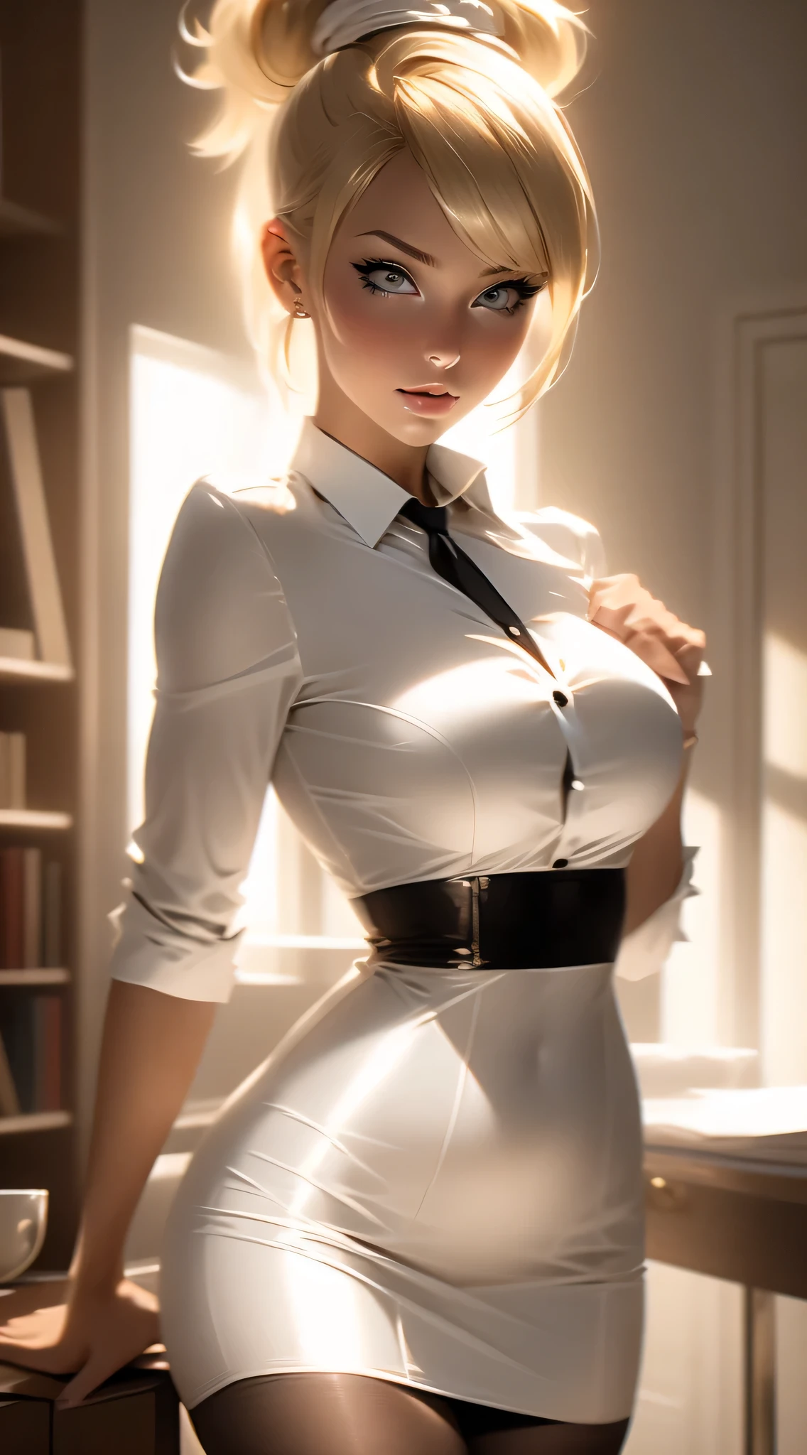 Beautiful 20yr old girl, blonde hair in messy high bun, bangs. detailed, toned body,  femme fatale, Noir et blanc, looking at viewer, A-line dress, secretary, stockings