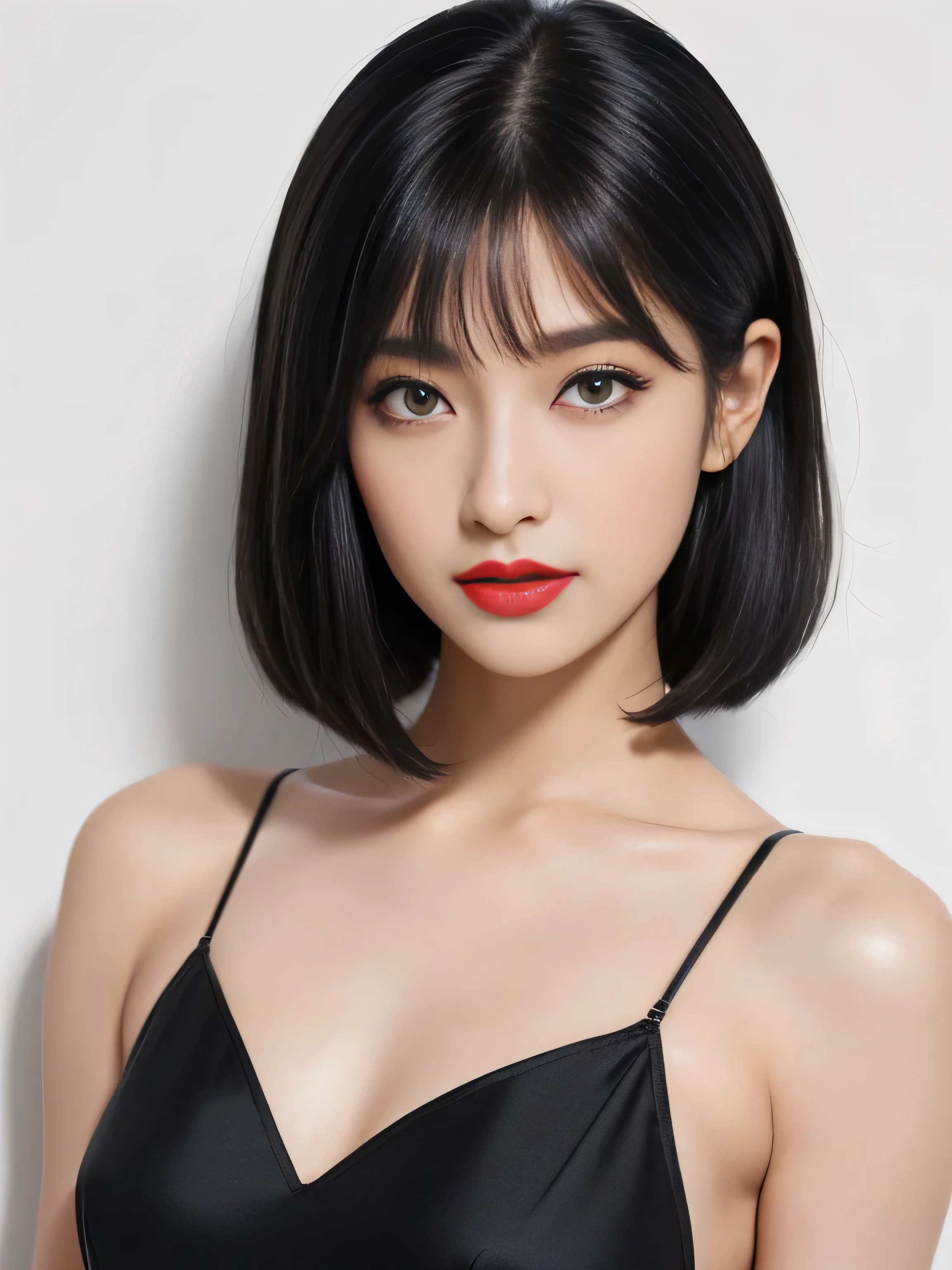 1 female (Close up of her face!!!:1.8) (She turns to the viewer and laughs so wonderfully!!!!!) ((highest quality)) ((masterpiece)) (Familiar) (Get used to it) (White wall background!!!!!) (The most beautiful and sensual 24-year-old cosmetics model in Japan) (Her bangs are neatly trimmed and worn straight down.:1.5) (Very shiny and voluminous, Very straight!!! Very beautiful bob cut with the highest quality and best details Jet black hair Her highest quality and most detailed straight bob cut is jet black. Her beautiful jet black hair is cut in a very straight bob Her hair is very black!!! Shiny black hair, black silky hair, detailed 長さ black hair, 太くShiny black hair, 長さ black hair, Straight bob cut black hair, Length and Straight Bob Cut black hair, Perfect Silky Hair, Extra Dark Natural Black Hair, very black hair) (She received a beautiful make-up done by a professional make-up artist.... Exquisite texture:1.4 Bright red lipstick Beautiful black eyeliner) (She is wearing a shiny random color silk camisole dress.) Perfect Woman'face (She has a typical Japanese build and skin color..., Her skin is very high quality and ultra high definition.、very beautiful and glowing skin) (Her face is dignified and sexy)(She applied sexy makeup with the help of a professional makeup artist..... Lipstick is bright red The eyeliner is a beautiful black) (She has a typical Japanese build and skin color Her skin is very delicate and sensitive..、and、Such beautiful and radiant skin) ((Her face shape is thinner than average:1.4)) ((Her eyes are larger than average:1.6)) ((Her eyes are larger than average:1.6)) ((Her eyebrows are very thin:1.8)) ((Rich 1.4)) (Extremely detailed 8K) (Ultra-fine skin texture 1.4) (Actual, Vibrant:1.4), Sharp focus:1.2、Beautiful woman:1.4 Dynamic Lighting (Genuine RAW photos taken by professional photographers) very beautiful and glowing skin) (Surreal photos by professional photographers :1.2)