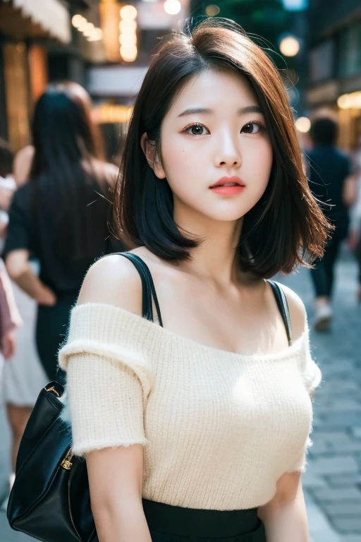 a gorgeous young korean lady with a soft, round face, large expressive eyes, long eyelashes, and delicate facial features, ample bosom, wearing a black top and short skirt, standing on a city street, highly detailed and realistic, 8k, masterpiece, masterful lighting, cinematic composition, photorealistic, volumetric lighting, vibrant colors, elegant, graceful, charming, bokeh