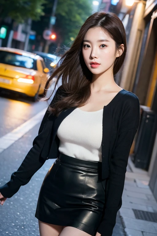 a gorgeous young korean lady with a soft, round face, large expressive eyes, long eyelashes, and delicate facial features, ample bosom, wearing a black top and short skirt, standing on a city street, highly detailed and realistic, 8k, masterpiece, masterful lighting, cinematic composition, photorealistic, volumetric lighting, vibrant colors, elegant, graceful, charming, bokeh