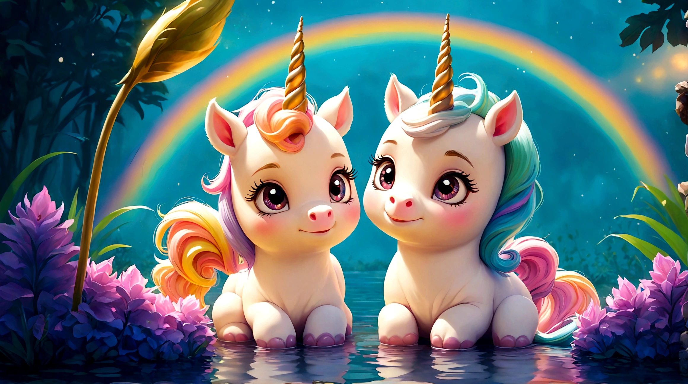 two cute unicorn cubs at the edge of a pond