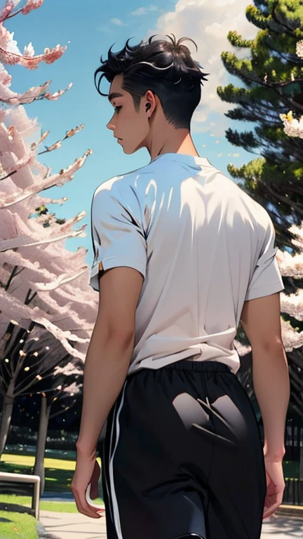 1boy, (Masterpiece, Top Quality, Best Quality), upper-body, blonde hair, black hair, multi-colored hair, forehead, (gym uniform: 1.1), solo, exterior, Park, Walking, blue skies, sakura trees, male focus, 8K, Negative_Hand-Neg Oji,Back, behind, Shows ass