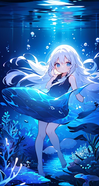 (Peace Fly), (highest quality), Very detailed, 1 girl, Personal full-body photo, Perfect Face, beautiful girl, Very detailed顔,(Long white hair:1.5),(blue eyes:1.4),(Flowing Hair:1.4),(Underwater:1.4),sink,school fishy,Light,jellyfish,Seaweed,Redfish,fishy,deep sea,Fantasy