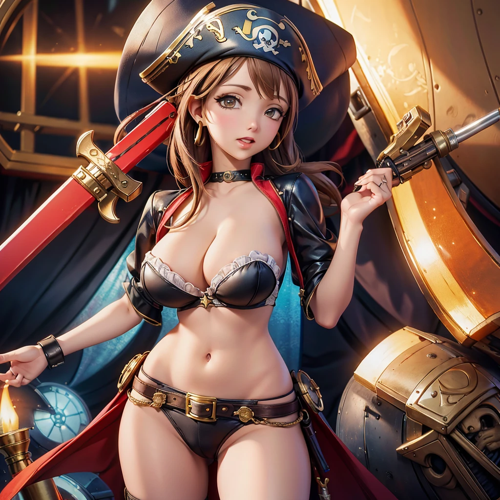 A cute woman is a sky pirate (sexy over exposed pirate outfit (SFW), she has a sword and pistol at her side, pirate hat) she is on a red themed steampunk airship with crew (show all of her)