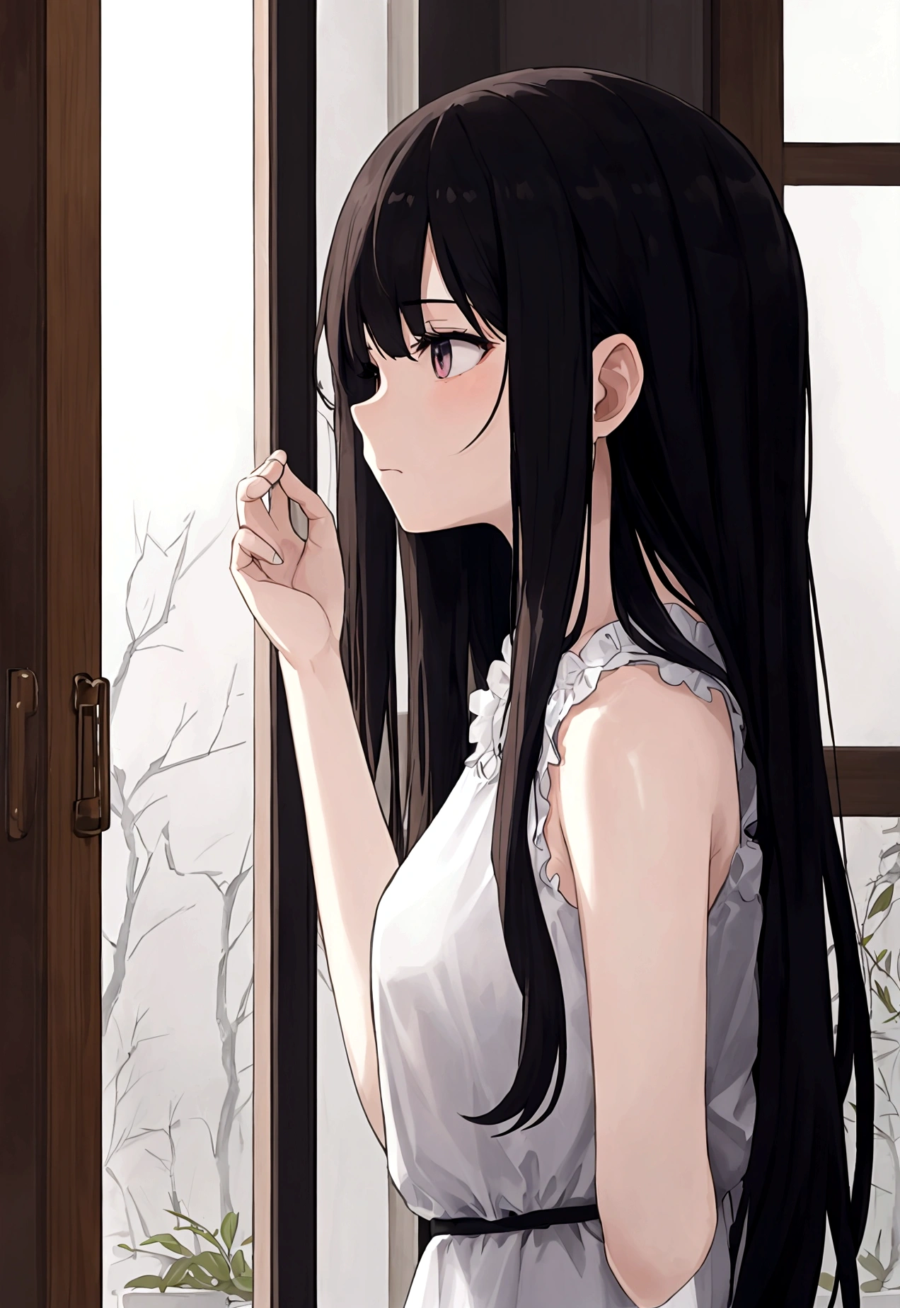 ((masterpiece), Absurd quality, 16k, detailed, (masterpiece:1.2), (pale_skin:1.2), (alone:1.2), (woman), thin, (Shine_eye), Long Hair, bangs, Black Hair, Outdoor, Sleeveless, Love Hotel、Innermost, In a dark corner not well lit by the flashing lights,The lighting is so dim that I can barely see anything. The girl in profile is breathing in the cold air from her breath. Cold raindrops fall on the foggy window、A dim light shines in from outside。, Brighten up the interior atmosphere..A girl with a calm and thoughtful expression
