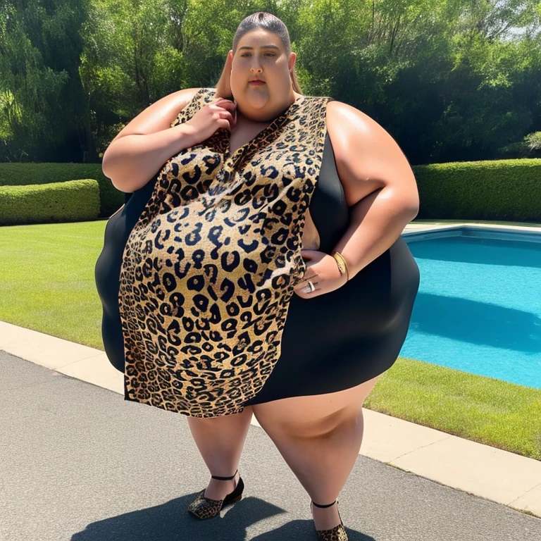 Ssbbw extremely morbidly obese solo Sophia Stallone full body alone wearing a leopard dress