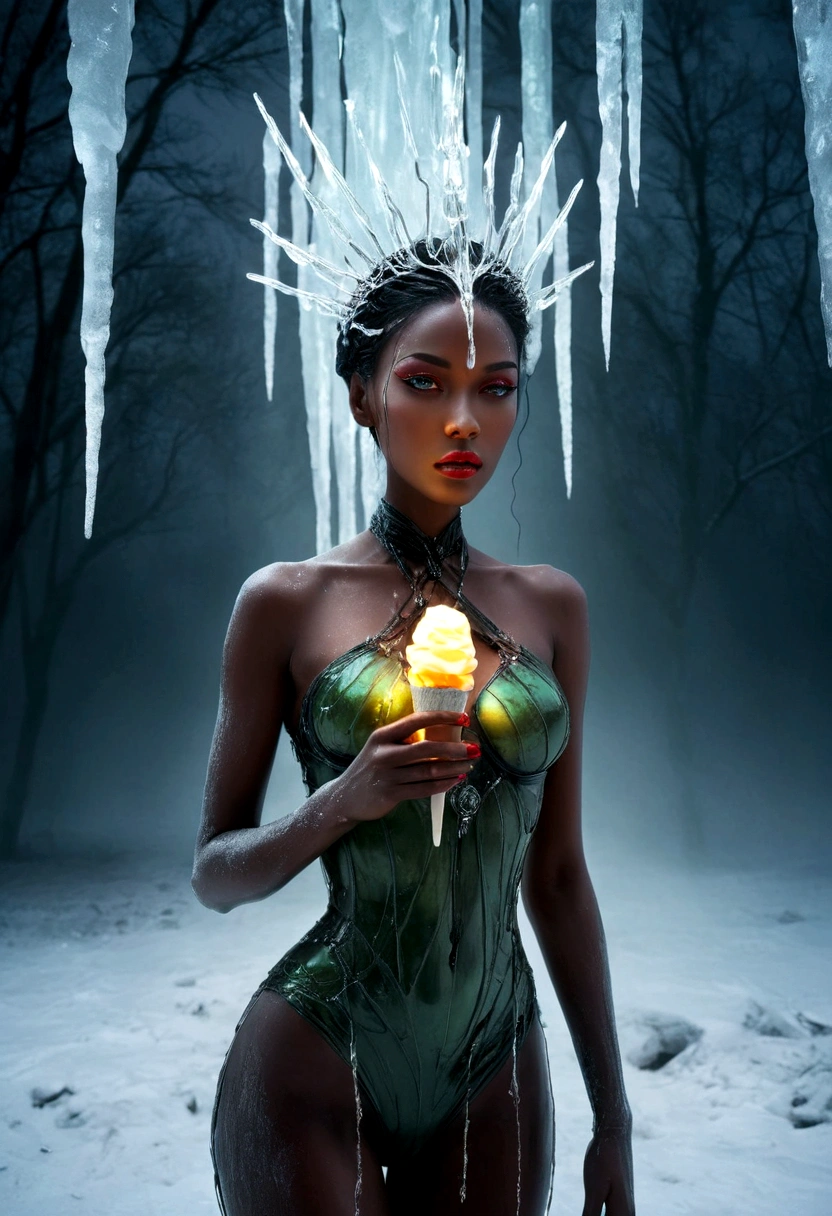 reminiscent of the matrix of an egg queen trapped in a post-apocalyptic futuristic world, set in a glowing landscape with burning icicles carefully sculpted into faces, exuding a surreal and mesmerizing beauty. Her glistening frozen skin shines in a striking contrast of black, white, red and green, reflecting the light around her. She is captured in a tender moment, her lips entwined in a passionate kiss, her hypnotic eyes emitting an ethereal glow that illuminates her otherworldly form. The background features a threatening sky that casts an ominous shadow over the entire scene. The combination of beauty and darkness creates an atmosphere of unease and intrigue with a hint of eeriness and mystery. The overall composition exudes beautycore, with hyper-realistic sculptures and a dreamy atmosphere. The scene is reminiscent of a photograph taken with Ektachrome, has soft and dreamy tones and features an incredibly complicated icicle-faced figure enjoying a vanilla ice cream. Shot on 70mm,