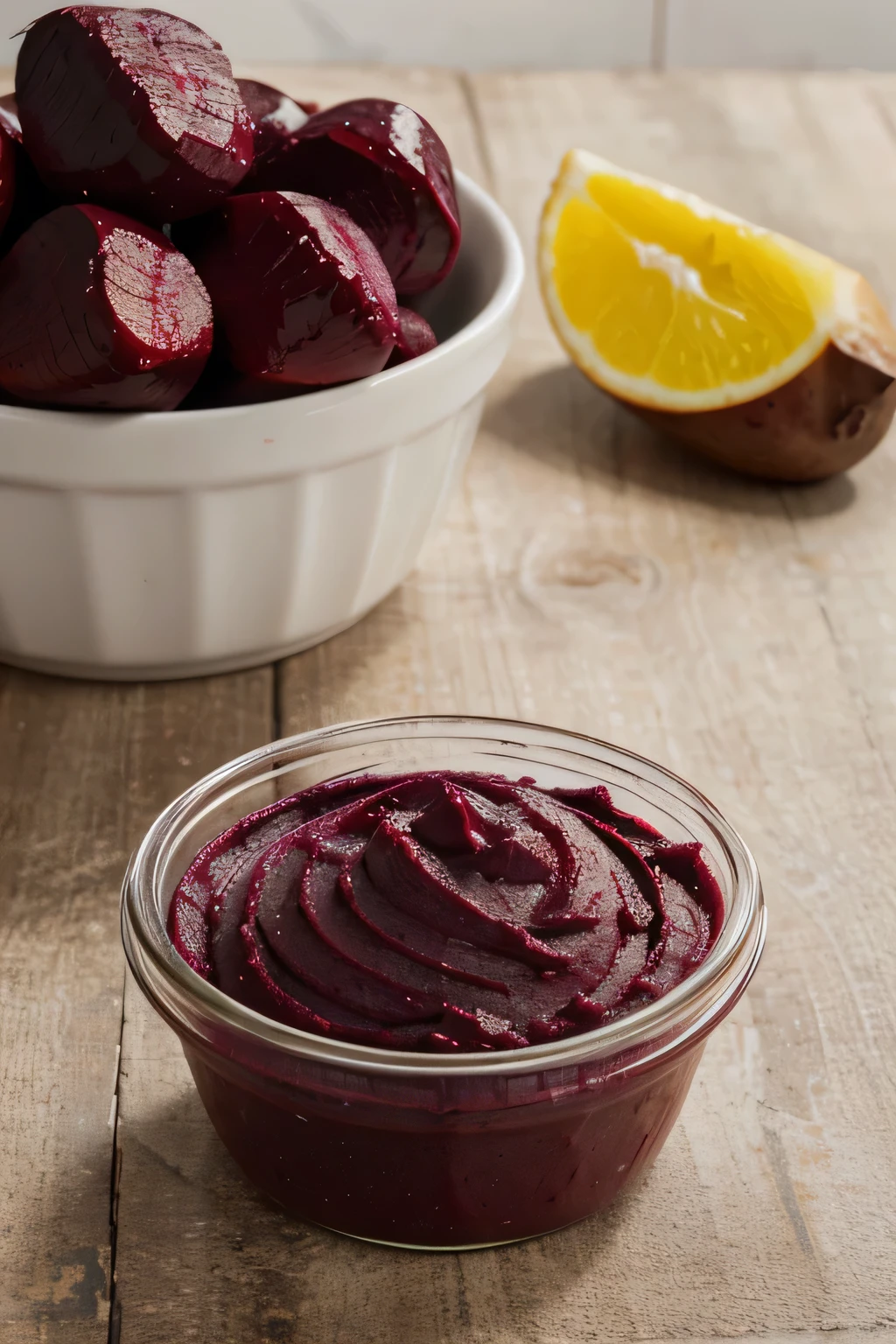 use reference of food photography and using that make me a image of premium container filled with beetroot pure and premium labelling with company name puree' and this image must reflect that this product is healthy