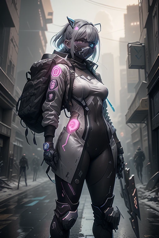 3D impressionist illustration, The face is dense(((must))), One Russian girl in her early 20s with ash grey hair, Fully armed with cyberpunk style protectors, Generated with full body, The outlines of your body and equipment will shine brightly in seven colors, like neon lights., A sense of speed(((must))), The background is the ruins of a building in ruins.,