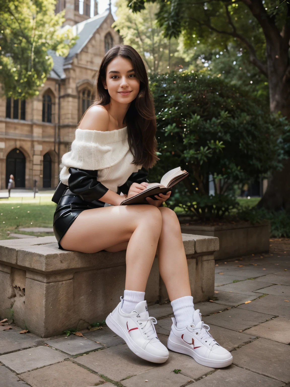 Realistic, ultra-detailed photo of a stylish girl at Sydney University, blending edgy and casual fashion: she's wearing a black latex mini skirt paired with a loose, off-the-shoulder white sweater. Her outfit is completed with white high-top sneakers and a chic black backpack. The setting is the university's picturesque quad, with historic sandstone buildings and lush greenery in the background. The girl is sitting on a bench, reading a book with a slight smile, appearing effortlessly confident and stylish. The combination of latex and casual clothes creates a unique and eye-catching ensemble, perfectly suited for the vibrant university atmosphere.