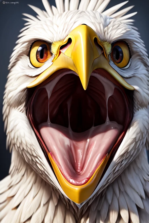 Single eagle with no teeth, large wide open mouth coconut with milk inside mouth, surprised face with cute eyes facing the camera close up, photorealistic. Coconut Milk inside mouth.coconut Milk dripping out of mouth. Muscles jaw. Defined eagle jaw