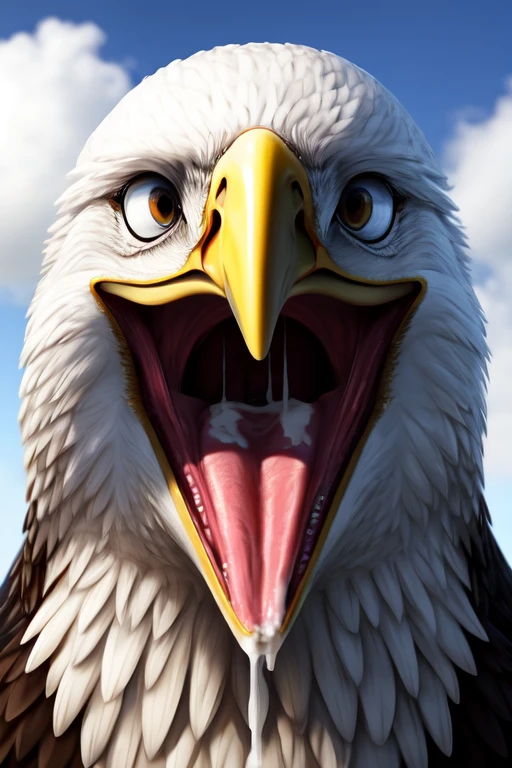Single eagle with no teeth, large wide open mouth coconut with milk inside mouth, surprised face with cute eyes facing the camera close up, photorealistic. Coconut Milk inside mouth.coconut Milk dripping out of mouth. Muscles jaw. Defined eagle jaw