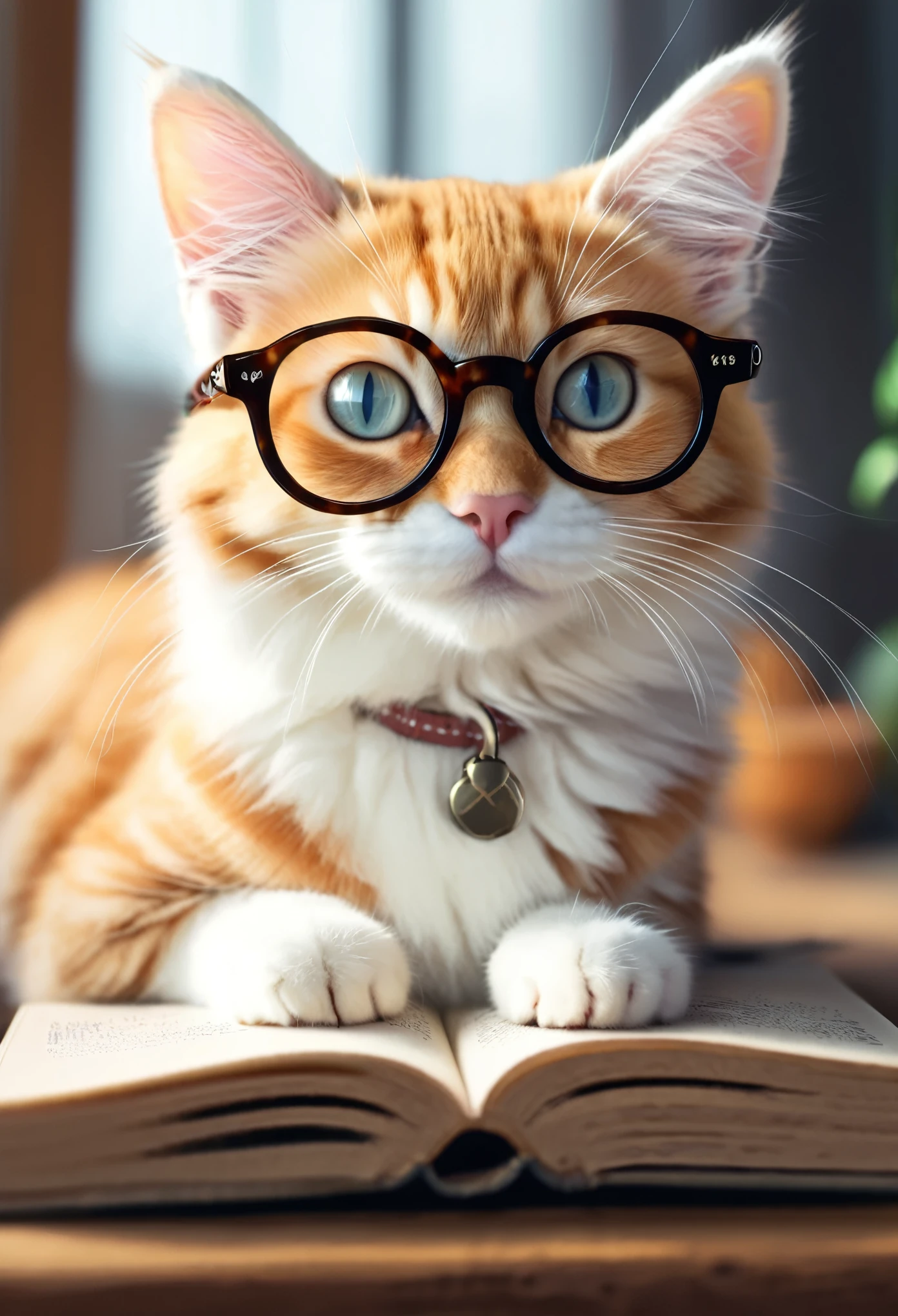 A cat with glasses sits on a book, cute catのアニメビジュアル, Anime Cat, realistic Anime Cat, Intelligent cat, Nice digital painting, Cute and detailed digital art, Cute and detailed artwork, Adorable digital art, cute cat, Wearing glasses, cute cat, Cute artwork, Cute Anime, cute Anime Catgirl, Cute cat, 
