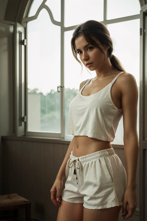 cinematic film still masterpiece, best quality, cinematic photo of {prompt}, photograph, film, highres Sexy girl   shorts with innocent looks with tank top.